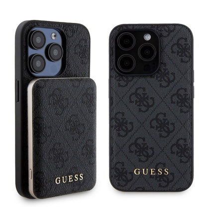 iPhone 15 Pro Kılıf Guess Orjinal Lisanslı M-safe Şarj Özellikli Yazı Logolu 4G Desenli Kılıf + Powerbank 5000mAh 2in1 Set