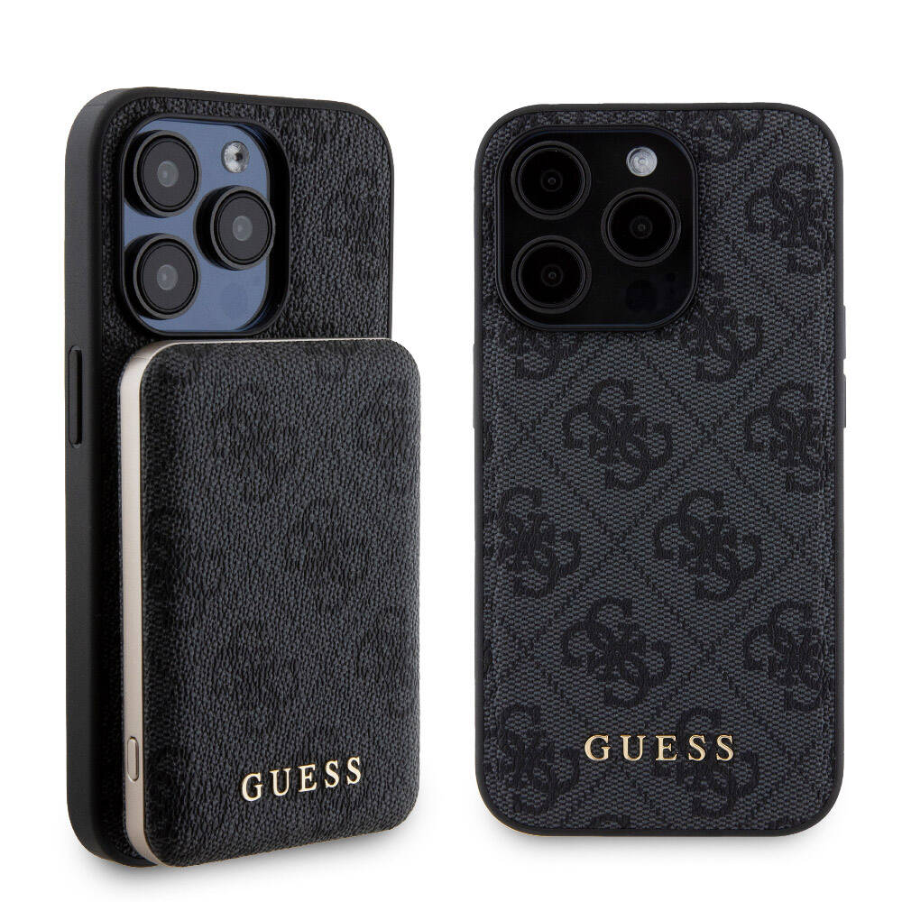 Apple iPhone 15 Pro Kılıf Guess Orjinal Lisanslı Magsafe Şarj Özellikli Yazı Logolu 4G Desenli Kapak + Powerbank 5000mAh 2in1 Set Kahverengi