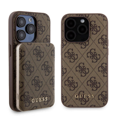 Apple iPhone 15 Pro Kılıf Guess Orjinal Lisanslı Magsafe Şarj Özellikli Yazı Logolu 4G Desenli Kapak + Powerbank 5000mAh 2in1 Set Kahverengi