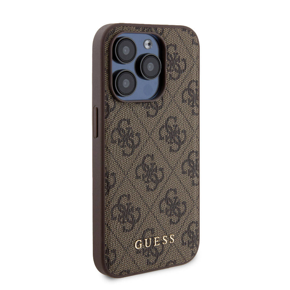 Apple iPhone 15 Pro Kılıf Guess Orjinal Lisanslı Magsafe Şarj Özellikli Yazı Logolu 4G Desenli Kapak + Powerbank 5000mAh 2in1 Set Kahverengi