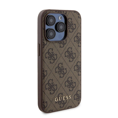 Apple iPhone 15 Pro Kılıf Guess Orjinal Lisanslı Magsafe Şarj Özellikli Yazı Logolu 4G Desenli Kapak + Powerbank 5000mAh 2in1 Set Kahverengi