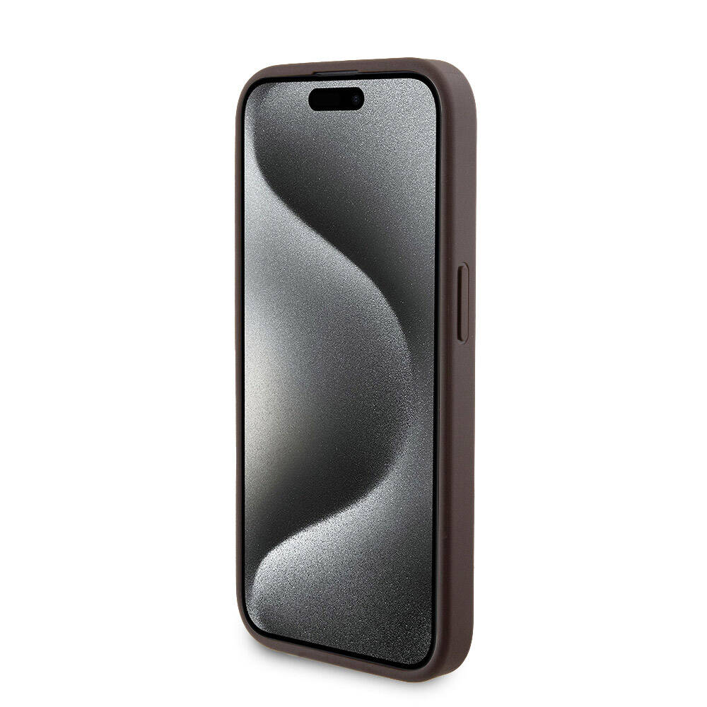 Apple iPhone 15 Pro Kılıf Guess Orjinal Lisanslı Magsafe Şarj Özellikli Yazı Logolu 4G Desenli Kapak + Powerbank 5000mAh 2in1 Set Kahverengi