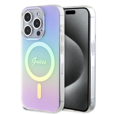 Apple iPhone 15 Pro Kılıf Guess Orjinal Lisanslı Magsafe Şarj Özellikli Yazı Logolu Iridescent Kapak Mor