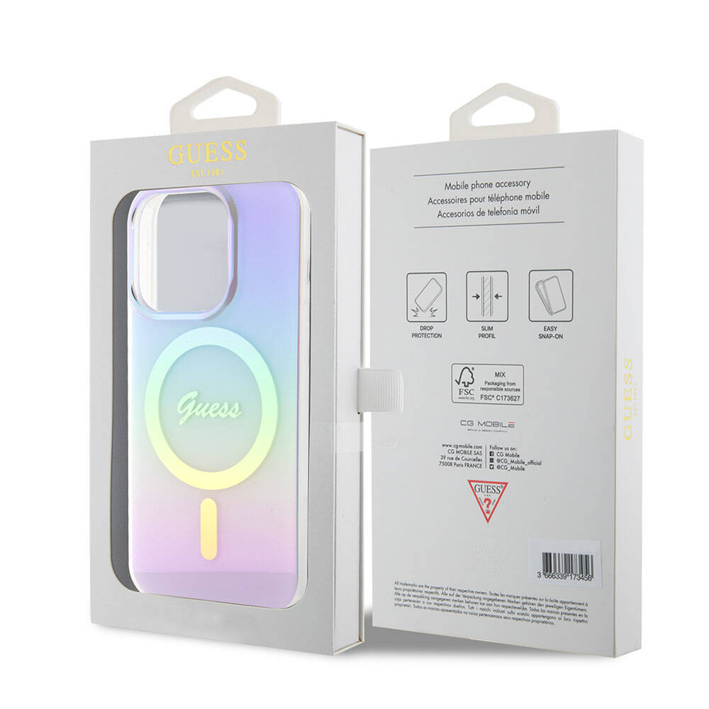 Apple iPhone 15 Pro Kılıf Guess Orjinal Lisanslı Magsafe Şarj Özellikli Yazı Logolu Iridescent Kapak Mor