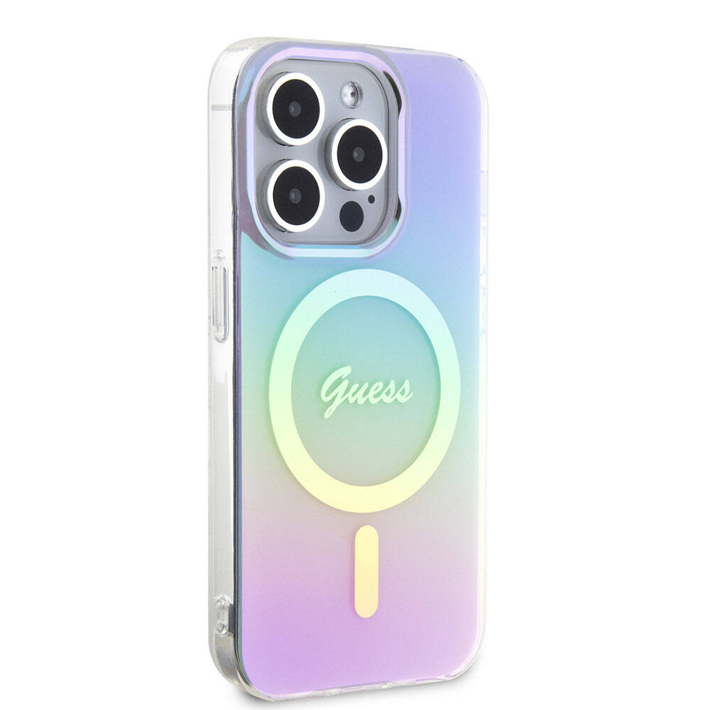 iPhone 15 Pro Kılıf Guess Orjinal Lisanslı M-safe Şarj Özellikli Yazı Logolu Iridescent Kılıf