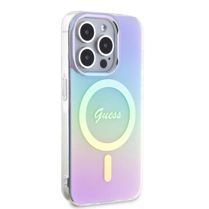 iPhone 15 Pro Kılıf Guess Orjinal Lisanslı M-safe Şarj Özellikli Yazı Logolu Iridescent Kılıf