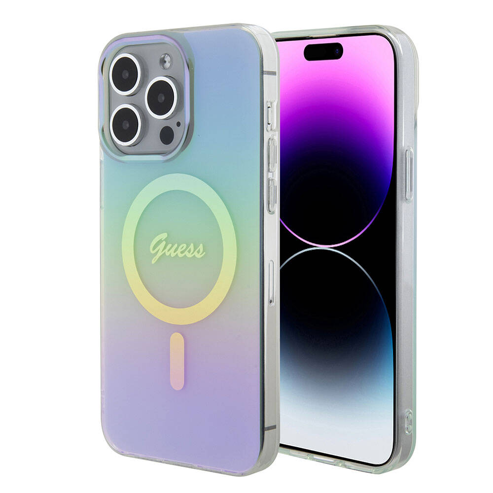 iPhone 15 Pro Kılıf Guess Orjinal Lisanslı M-safe Şarj Özellikli Yazı Logolu Iridescent Kılıf