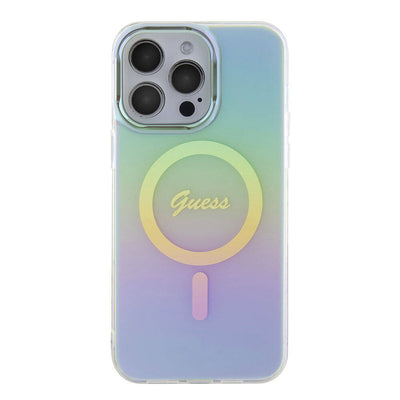 Apple iPhone 15 Pro Kılıf Guess Orjinal Lisanslı Magsafe Şarj Özellikli Yazı Logolu Iridescent Kapak Mor