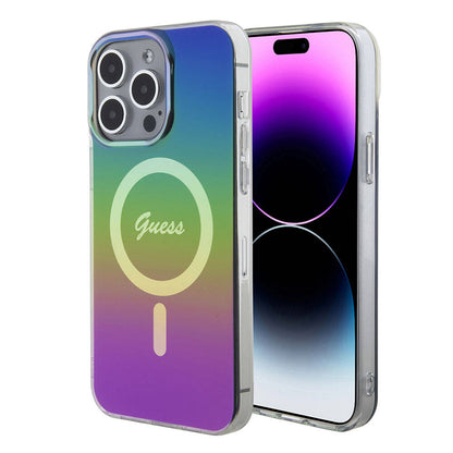 iPhone 15 Pro Kılıf Guess Orjinal Lisanslı M-safe Şarj Özellikli Yazı Logolu Iridescent Kılıf