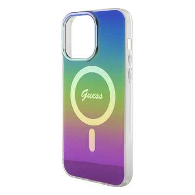 Apple iPhone 15 Pro Kılıf Guess Orjinal Lisanslı Magsafe Şarj Özellikli Yazı Logolu Iridescent Kapak Turkuaz