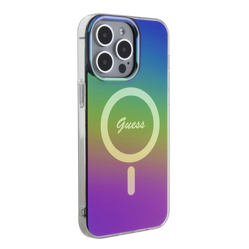 iPhone 15 Pro Kılıf Guess Orjinal Lisanslı M-safe Şarj Özellikli Yazı Logolu Iridescent Kılıf
