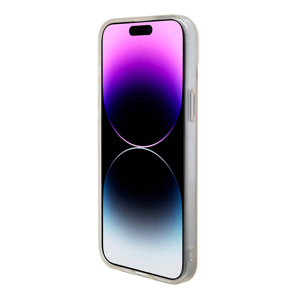 Apple iPhone 15 Pro Kılıf Guess Orjinal Lisanslı Magsafe Şarj Özellikli Yazı Logolu Iridescent Kapak Turkuaz