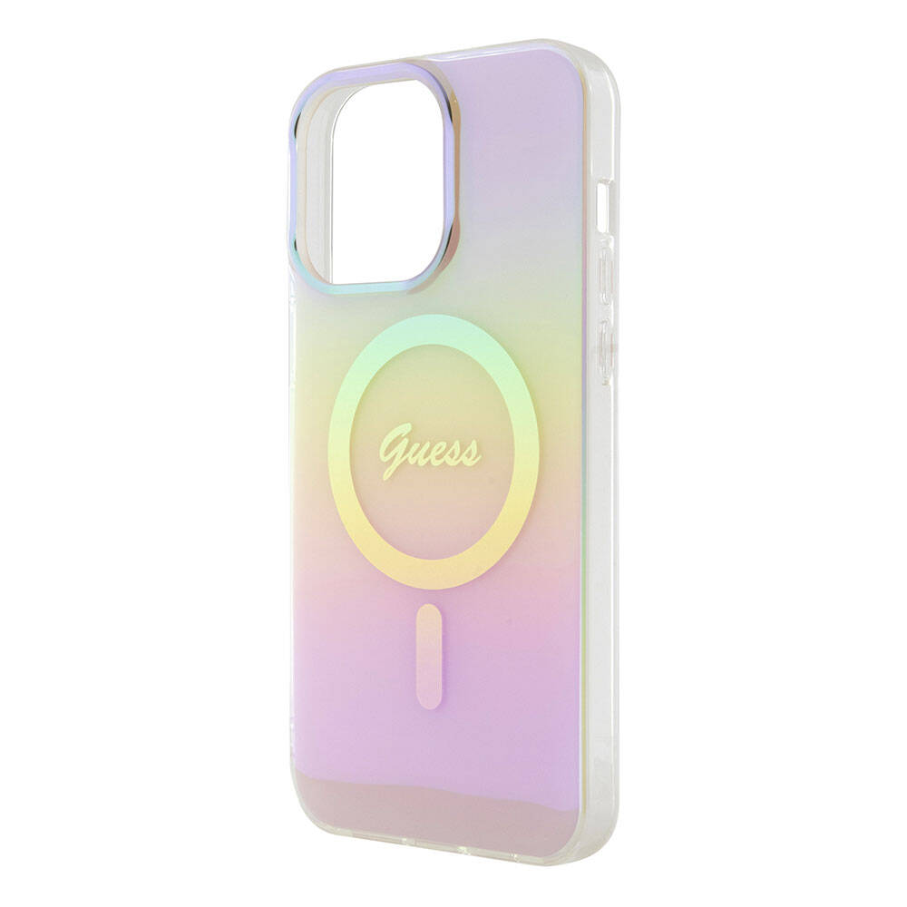 Apple iPhone 15 Pro Kılıf Guess Orjinal Lisanslı Magsafe Şarj Özellikli Yazı Logolu Iridescent Kapak Mor