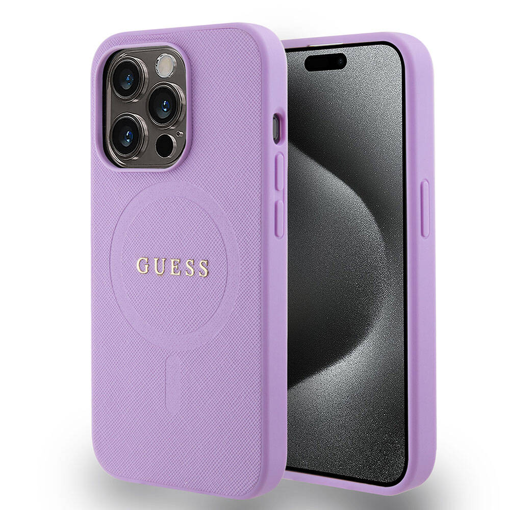 iPhone 15 Pro Kılıf Guess Orjinal Lisanslı M-safe Şarj Özellikli Yazı Logolu Saffiano Kılıf