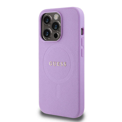 Apple iPhone 15 Pro Kılıf Guess Orjinal Lisanslı Magsafe Şarj Özellikli Yazı Logolu Saffiano Kapak Mor