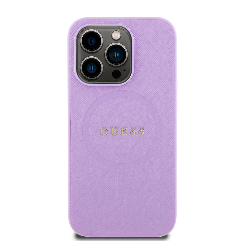 Apple iPhone 15 Pro Kılıf Guess Orjinal Lisanslı Magsafe Şarj Özellikli Yazı Logolu Saffiano Kapak Mor