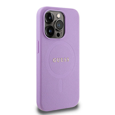 Apple iPhone 15 Pro Kılıf Guess Orjinal Lisanslı Magsafe Şarj Özellikli Yazı Logolu Saffiano Kapak Mor