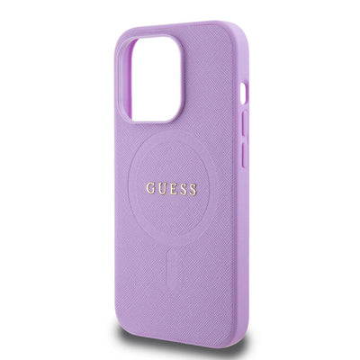 Apple iPhone 15 Pro Kılıf Guess Orjinal Lisanslı Magsafe Şarj Özellikli Yazı Logolu Saffiano Kapak Mor