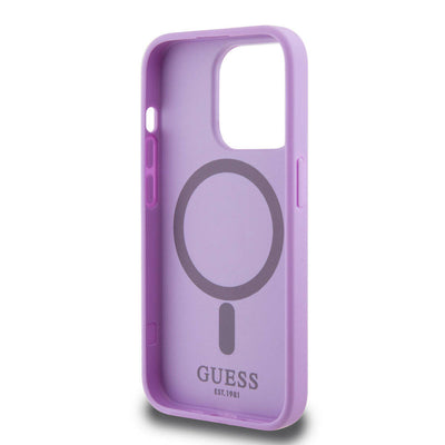 Apple iPhone 15 Pro Kılıf Guess Orjinal Lisanslı Magsafe Şarj Özellikli Yazı Logolu Saffiano Kapak Mor
