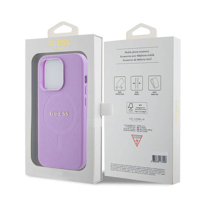 Apple iPhone 15 Pro Kılıf Guess Orjinal Lisanslı Magsafe Şarj Özellikli Yazı Logolu Saffiano Kapak Mor