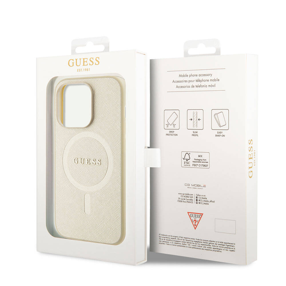 iPhone 15 Pro Kılıf Guess Orjinal Lisanslı M-safe Şarj Özellikli Yazı Logolu Saffiano Kılıf