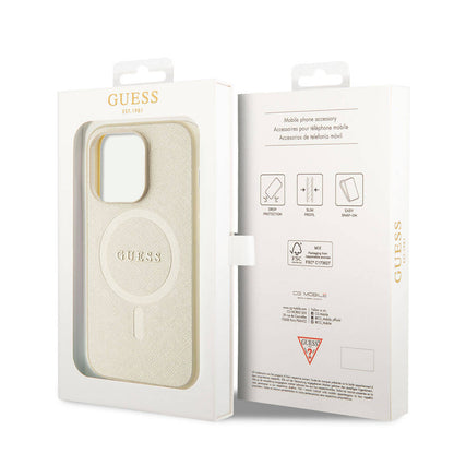 iPhone 15 Pro Kılıf Guess Orjinal Lisanslı M-safe Şarj Özellikli Yazı Logolu Saffiano Kılıf