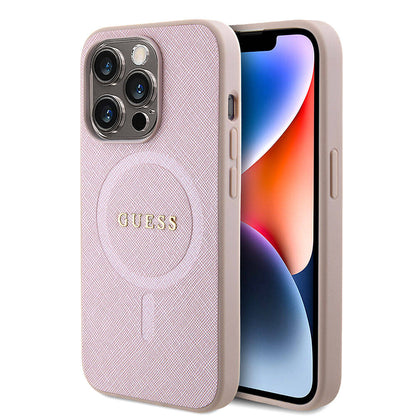 iPhone 15 Pro Kılıf Guess Orjinal Lisanslı M-safe Şarj Özellikli Yazı Logolu Saffiano Kılıf
