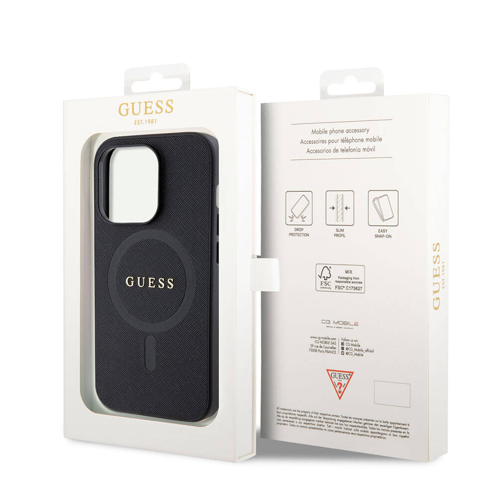 iPhone 15 Pro Kılıf Guess Orjinal Lisanslı M-safe Şarj Özellikli Yazı Logolu Saffiano Kılıf