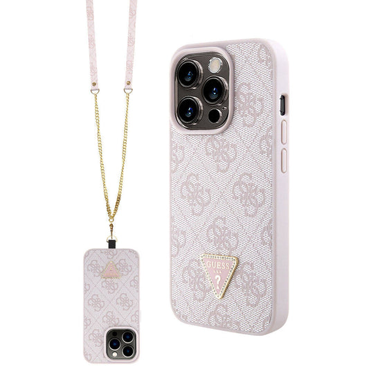 iPhone 15 Pro Kılıf Guess Orjinal Lisanslı PU Deri Askılı Taşlı Üçgen Logo 4G Desenli Strass Crossbody Kılıf
