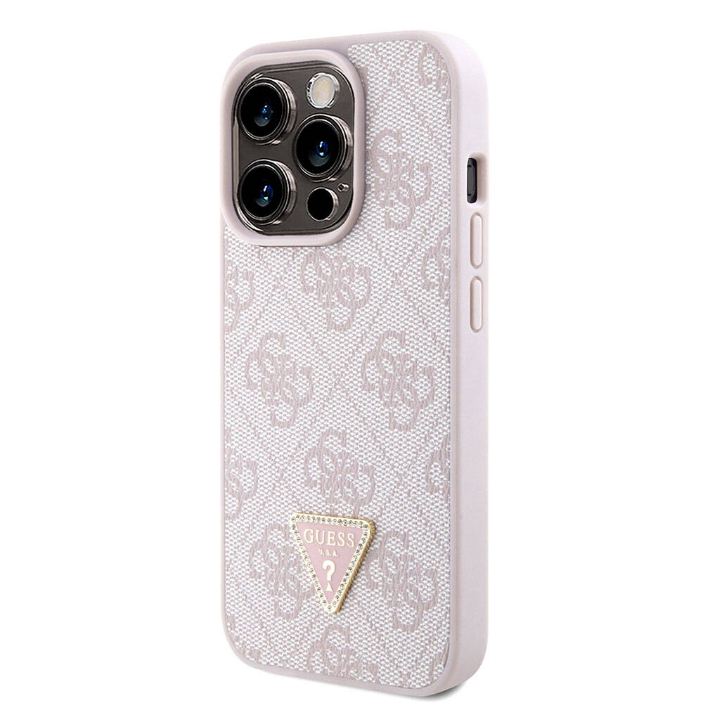 iPhone 15 Pro Kılıf Guess Orjinal Lisanslı PU Deri Askılı Taşlı Üçgen Logo 4G Desenli Strass Crossbody Kılıf