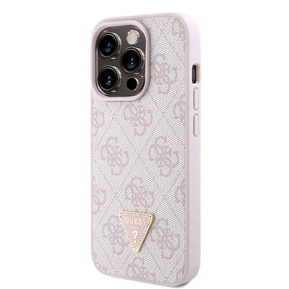 iPhone 15 Pro Kılıf Guess Orjinal Lisanslı PU Deri Askılı Taşlı Üçgen Logo 4G Desenli Strass Crossbody Kılıf