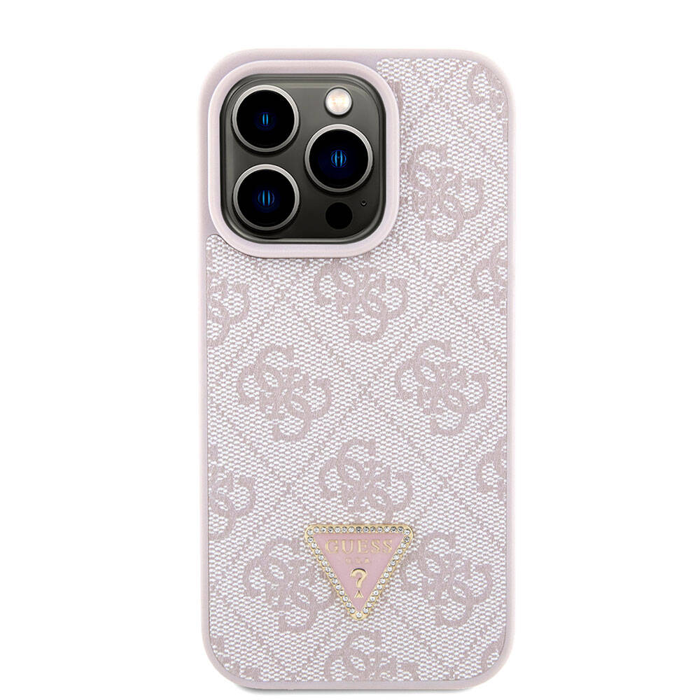 iPhone 15 Pro Kılıf Guess Orjinal Lisanslı PU Deri Askılı Taşlı Üçgen Logo 4G Desenli Strass Crossbody Kılıf
