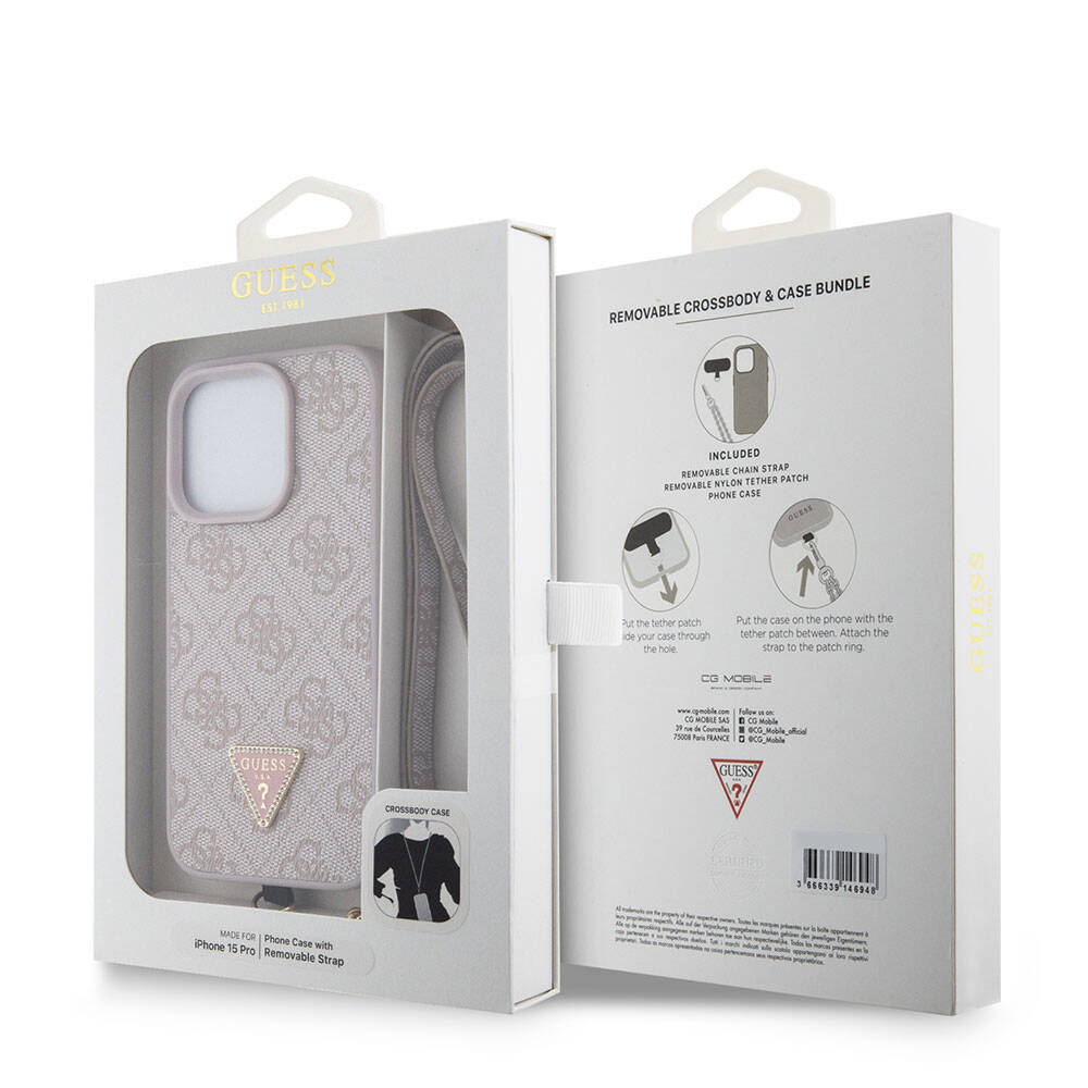 iPhone 15 Pro Kılıf Guess Orjinal Lisanslı PU Deri Askılı Taşlı Üçgen Logo 4G Desenli Strass Crossbody Kılıf