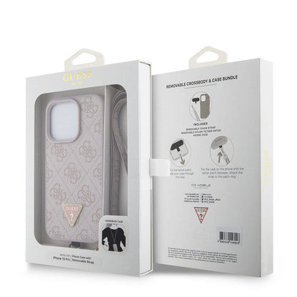iPhone 15 Pro Kılıf Guess Orjinal Lisanslı PU Deri Askılı Taşlı Üçgen Logo 4G Desenli Strass Crossbody Kılıf