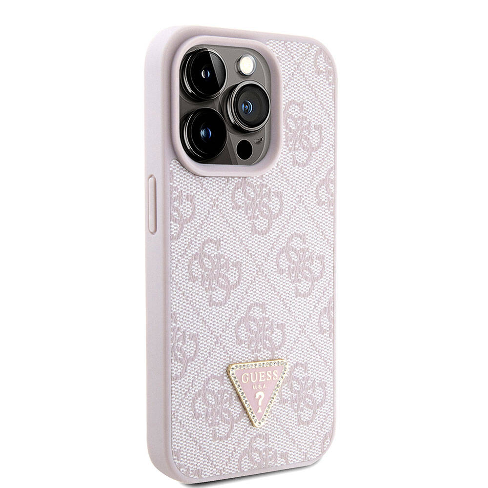 iPhone 15 Pro Kılıf Guess Orjinal Lisanslı PU Deri Askılı Taşlı Üçgen Logo 4G Desenli Strass Crossbody Kılıf