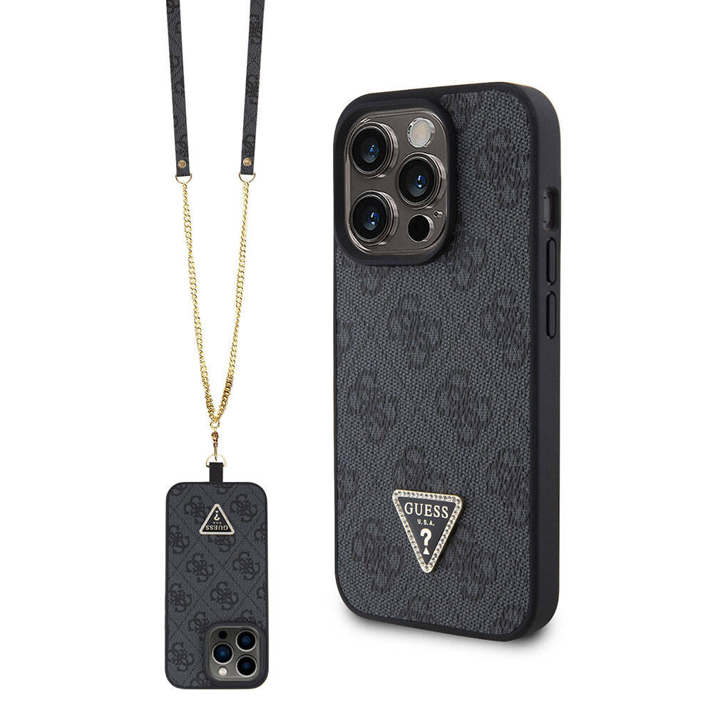 iPhone 15 Pro Kılıf Guess Orjinal Lisanslı PU Deri Askılı Taşlı Üçgen Logo 4G Desenli Strass Crossbody Kılıf