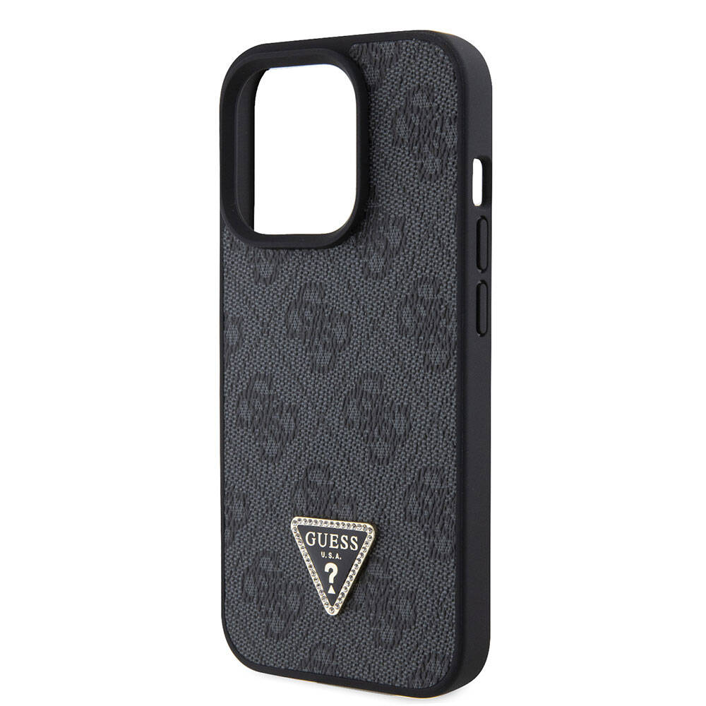 iPhone 15 Pro Kılıf Guess Orjinal Lisanslı PU Deri Askılı Taşlı Üçgen Logo 4G Desenli Strass Crossbody Kılıf