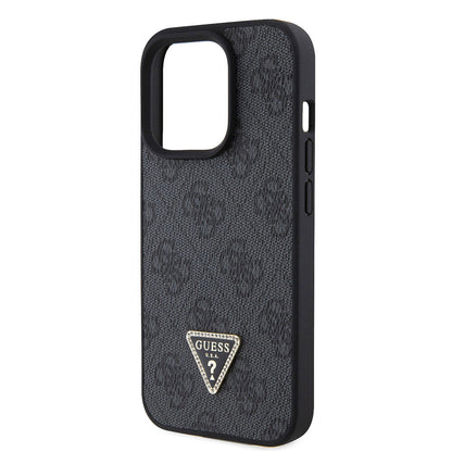 iPhone 15 Pro Kılıf Guess Orjinal Lisanslı PU Deri Askılı Taşlı Üçgen Logo 4G Desenli Strass Crossbody Kılıf