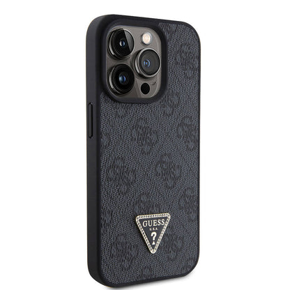 iPhone 15 Pro Kılıf Guess Orjinal Lisanslı PU Deri Askılı Taşlı Üçgen Logo 4G Desenli Strass Crossbody Kılıf