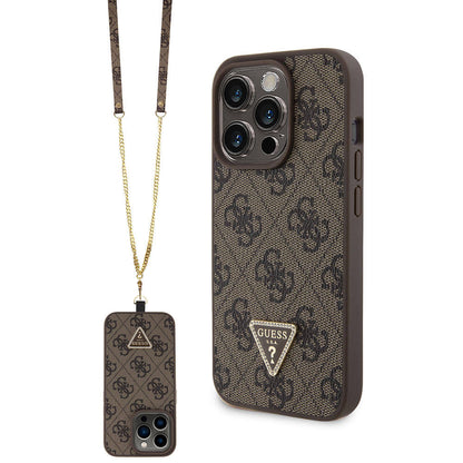 iPhone 15 Pro Kılıf Guess Orjinal Lisanslı PU Deri Askılı Taşlı Üçgen Logo 4G Desenli Strass Crossbody Kılıf