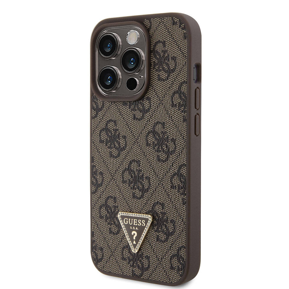 iPhone 15 Pro Kılıf Guess Orjinal Lisanslı PU Deri Askılı Taşlı Üçgen Logo 4G Desenli Strass Crossbody Kılıf