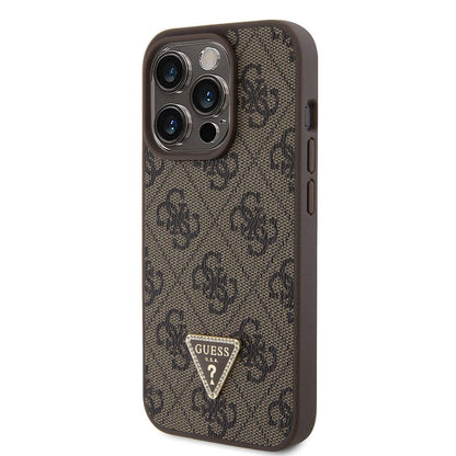 iPhone 15 Pro Kılıf Guess Orjinal Lisanslı PU Deri Askılı Taşlı Üçgen Logo 4G Desenli Strass Crossbody Kılıf