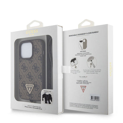 iPhone 15 Pro Kılıf Guess Orjinal Lisanslı PU Deri Askılı Taşlı Üçgen Logo 4G Desenli Strass Crossbody Kılıf