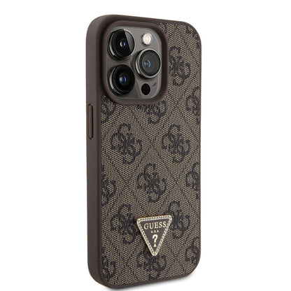 iPhone 15 Pro Kılıf Guess Orjinal Lisanslı PU Deri Askılı Taşlı Üçgen Logo 4G Desenli Strass Crossbody Kılıf