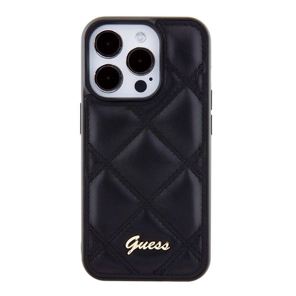 iPhone 15 Pro Kılıf Guess Orjinal Lisanslı PU Deri Metal Yazı Logolu Kapitone Kılıf
