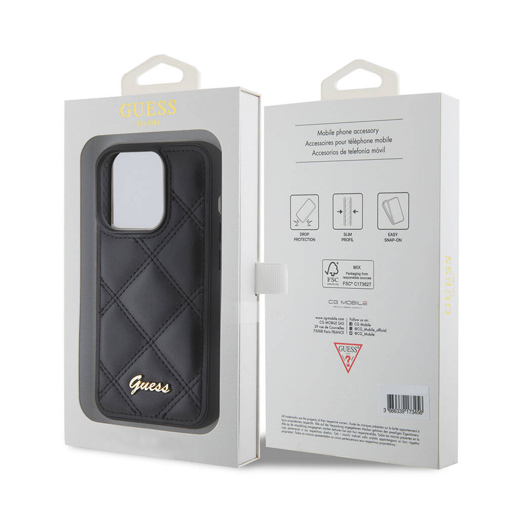iPhone 15 Pro Kılıf Guess Orjinal Lisanslı PU Deri Metal Yazı Logolu Kapitone Kılıf