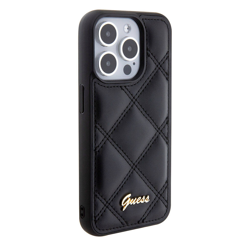 iPhone 15 Pro Kılıf Guess Orjinal Lisanslı PU Deri Metal Yazı Logolu Kapitone Kılıf