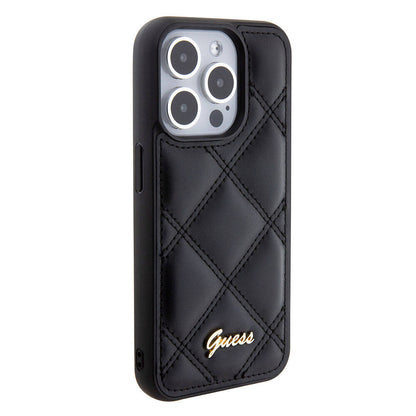iPhone 15 Pro Kılıf Guess Orjinal Lisanslı PU Deri Metal Yazı Logolu Kapitone Kılıf