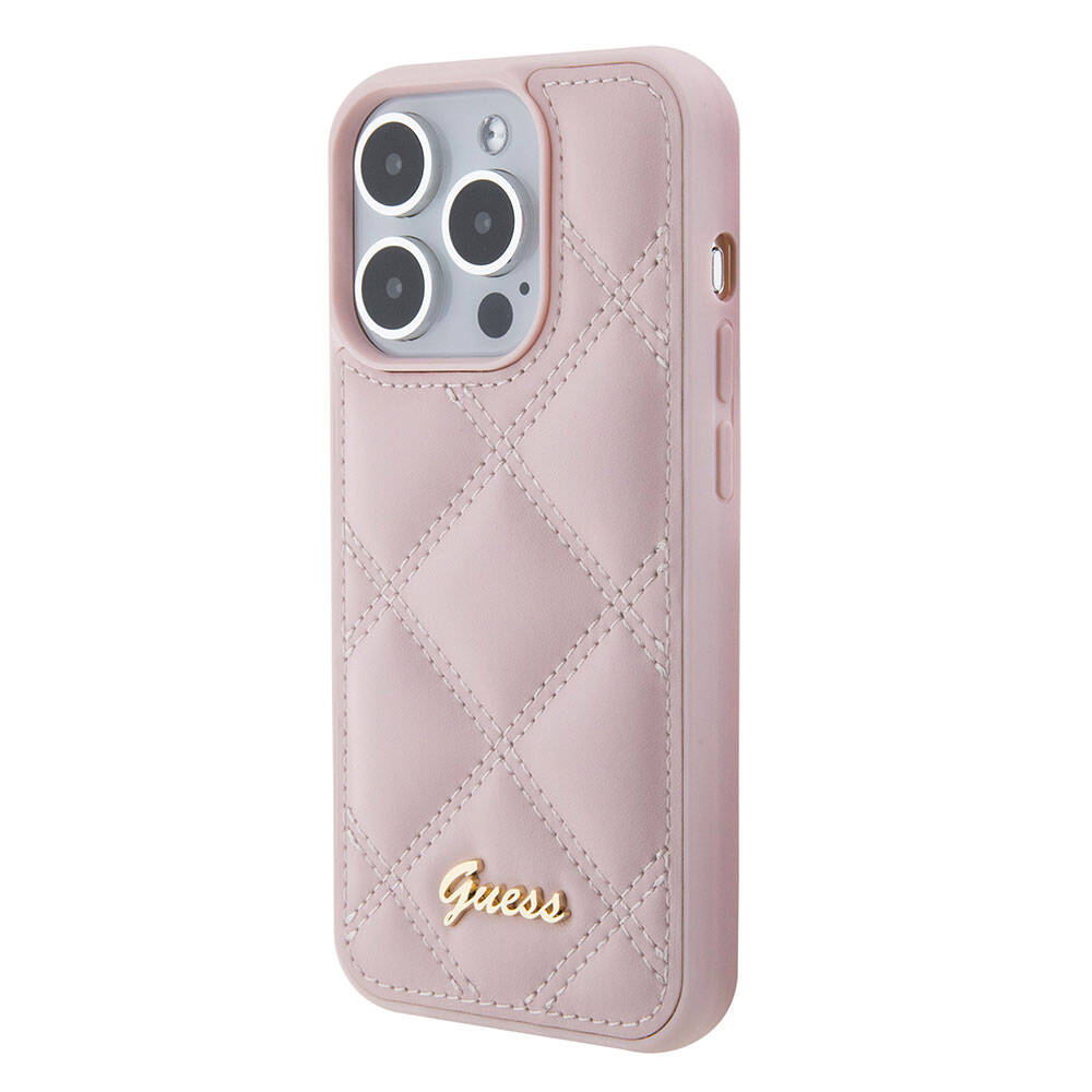 iPhone 15 Pro Kılıf Guess Orjinal Lisanslı PU Deri Metal Yazı Logolu Kapitone Kılıf