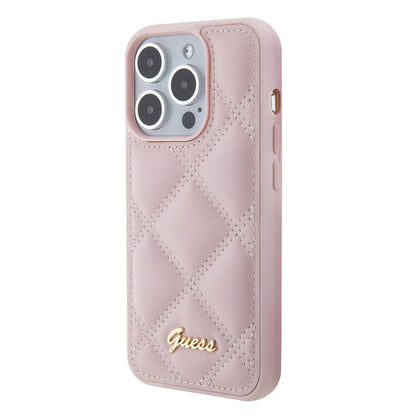iPhone 15 Pro Kılıf Guess Orjinal Lisanslı PU Deri Metal Yazı Logolu Kapitone Kılıf